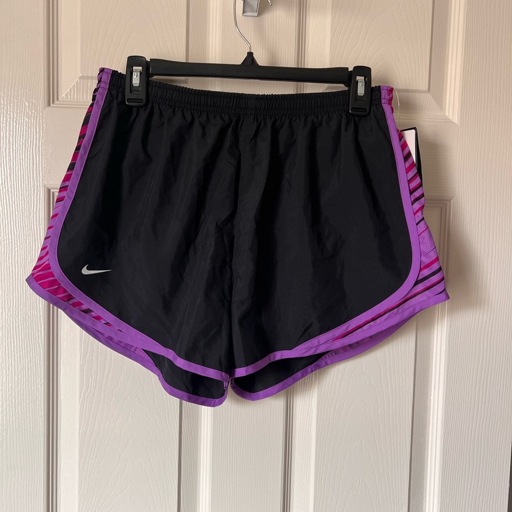 Nike Black and Purple Athletic Shorts with Curved Hem Size L